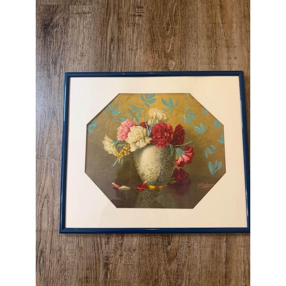 J Chavanne Floral Still Life Print Framed Blue Metal Frame 22x18